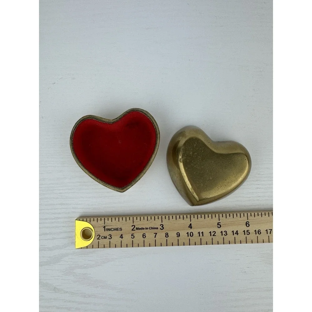 Vintage MCM Brass Heart Trinket Box‎ Red Velvet Lined Jewelry Keepsake Decor